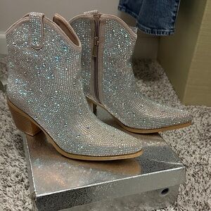 Soft Pink Metallic Rhinestone Ankle Boots